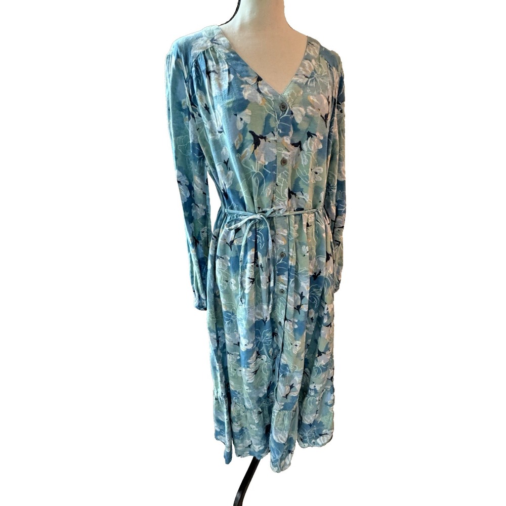 Style & Co Women's Blue Flowers Printed Linen Tiered Midi Dress Sz S